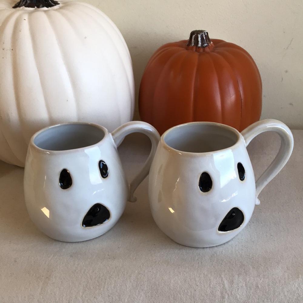 Pottery Barn First Edition ghost mugs set of 2 white Earthenware Halloween ghost